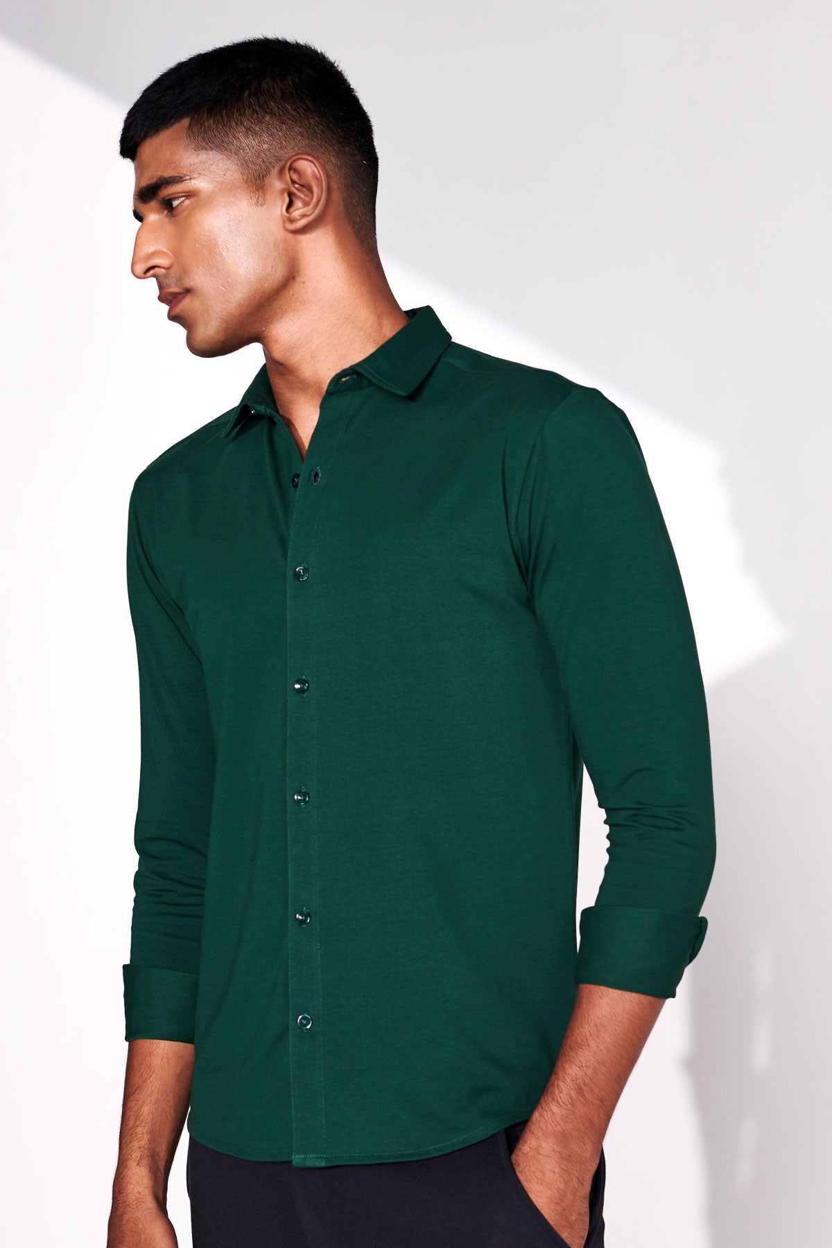 Buy Full Sleeves Bottle Green Knit Shirt | Beyours XXL