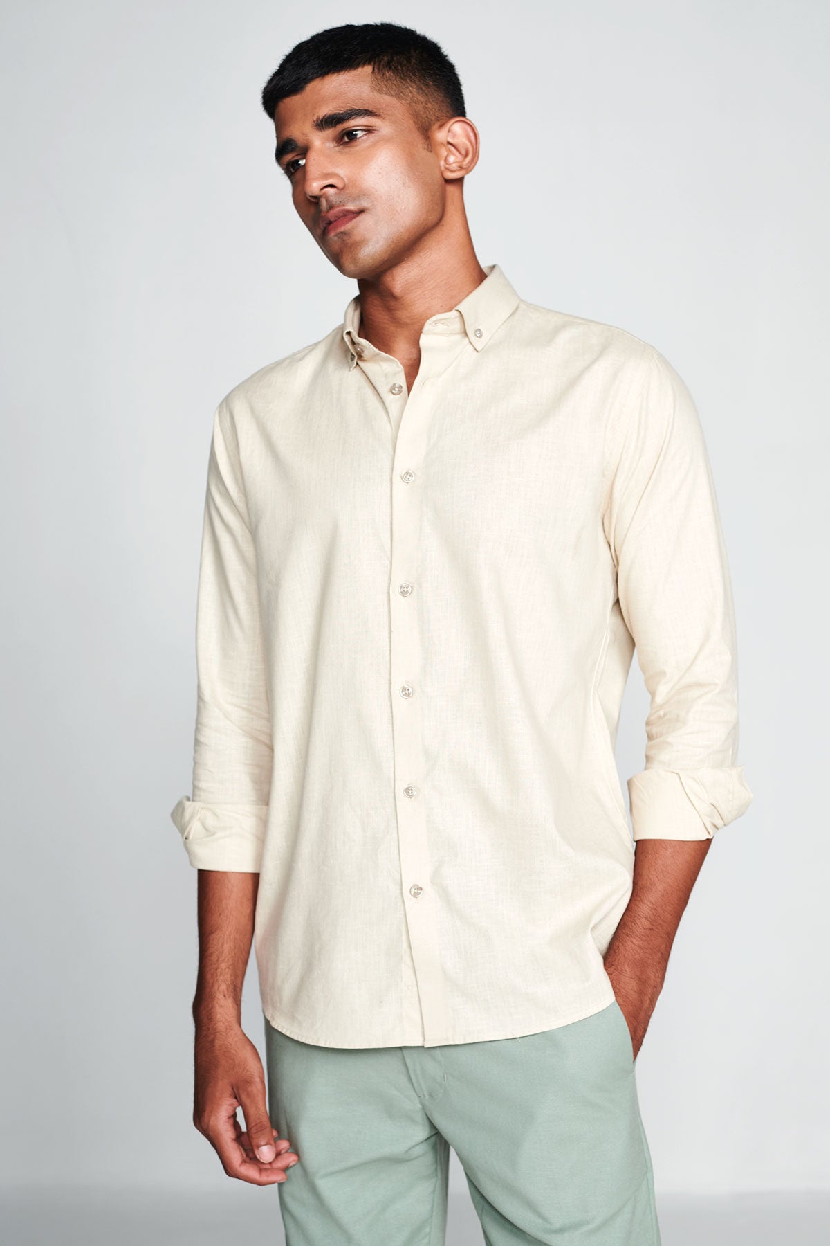 Buy Men's Light Beige Full Sleeves Cotton Linen shirts