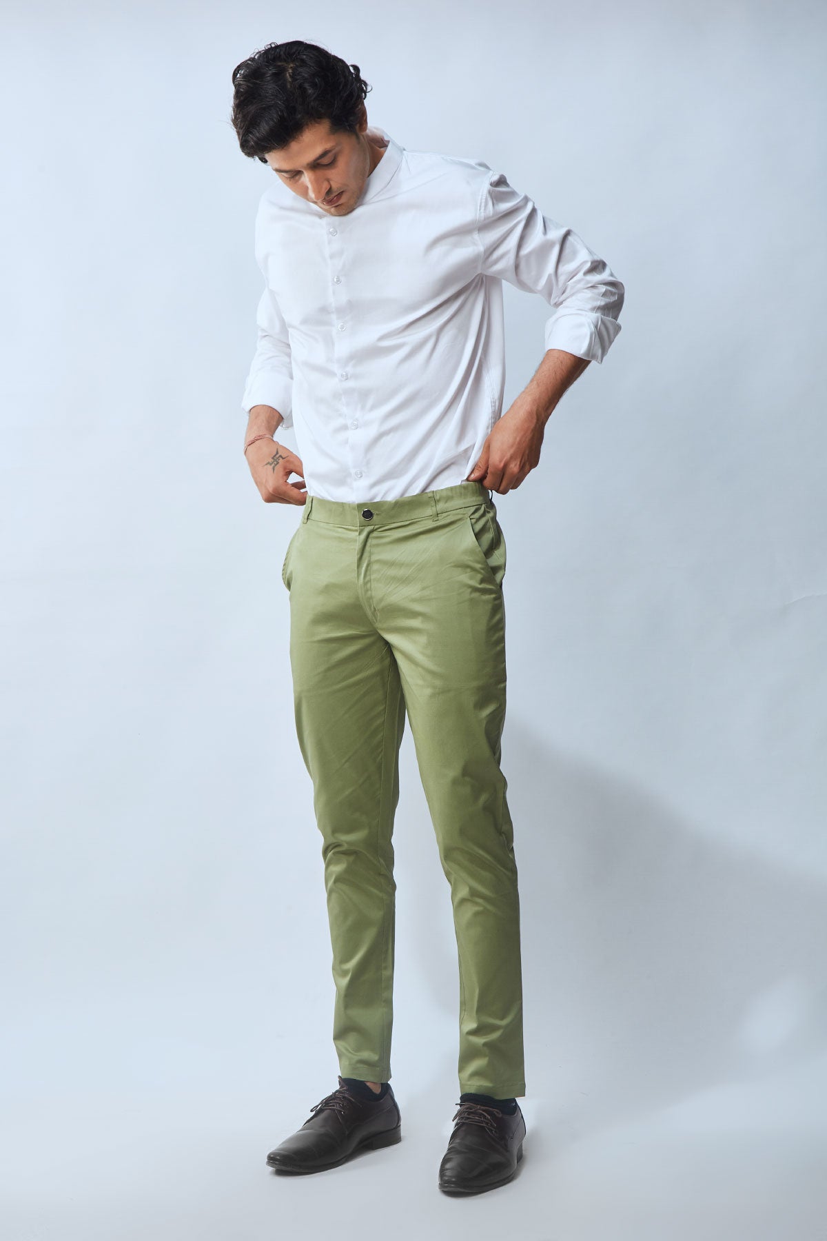 Pista Green Cotton Linen Stretch Trouser  SNITCH